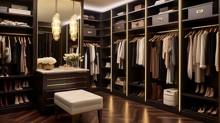 Walk-in closet with dark walnut wood shelves, brushed gold hardware, a herringbone wood floor, recessed lighting illuminating handbag displays, and a gold-framed full-length mirror, full frame,