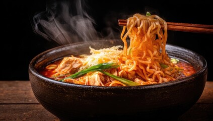 Spicy ramen in a dark bowl, steaming hot