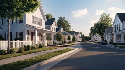 Fototapeta premium Sunrise Suburban Street Scene White Houses, Landscaping, Residential, Neighborhood, Subdivision Residential Design, Neighborhood Planning