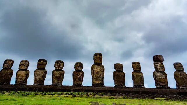 Moai statues on easter island against a cloudy sky in chile