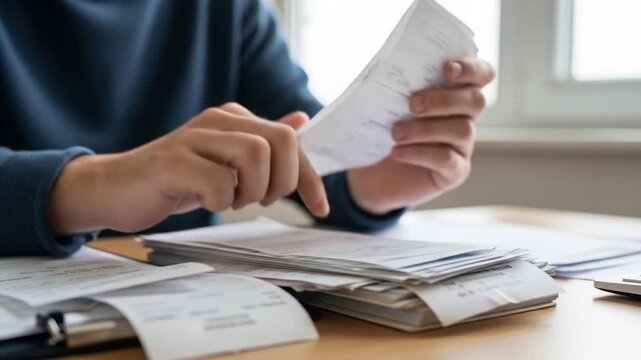 Man Reviews Stack of Bills and Receipts for Financial Planning at Desk Indoors