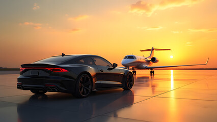 Modern Executive Jet and High-End Car Representing Elite Travel Lifestyle