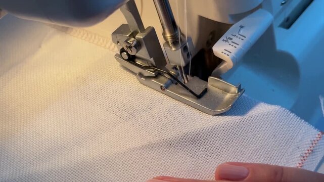 Seamstress at work, processes edges of embroidery with threads on the overlock. Overlock, sewing machine, with needle and white threads, on a white background, close-up
