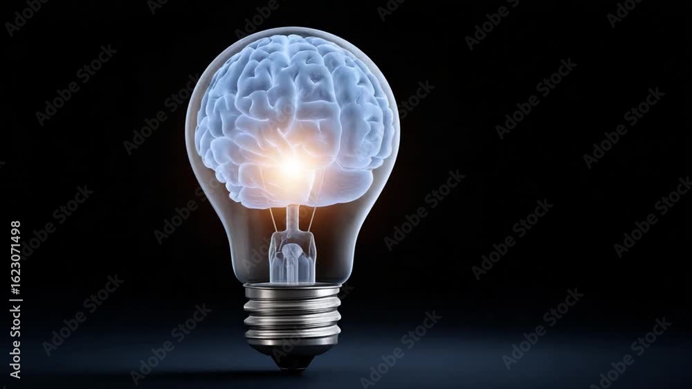 Poster illuminating thoughts: a luminous conceptual image of a human brain housed within a glowing lightbul