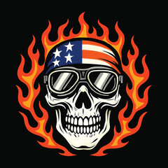 Fototapeta premium Skull with American flag bandana and goggles surrounded by flames