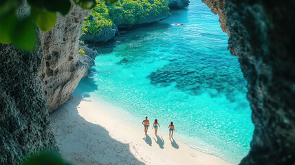 friends exploring a tropical island with turquoise water and white sand beaches