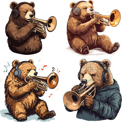 The bear is playing trumpet while wearing headphone vector style on white background