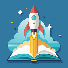 cartoon rocket on the book