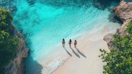 friends exploring a tropical island with turquoise water and white sand beaches