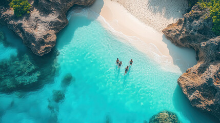 friends exploring a tropical island with turquoise water and white sand beaches