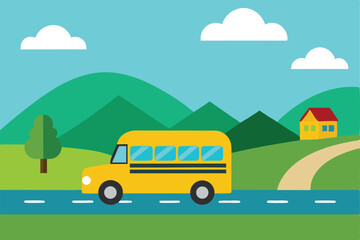 school bus driving on countryside road   (1).eps