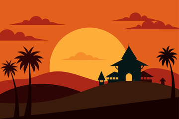 Tropical sunset silhouette with palm trees and traditional buildings on rolling hills