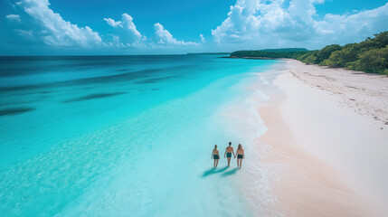 friends exploring a tropical island with turquoise water and white sand beaches