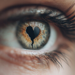 a beautiful female eye, only black pupil there is a heart broken into two parts icon, cinematic, realistic. The scene has a natural, suitable for an album cover