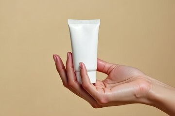 Woman's hand holding a white cosmetic tube. Skincare or beauty product mockups. Ideal for beauty branding, product advertisements, and mockup presentations