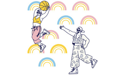 Colorful Urban Basketball Illustration Set – Funky Streetwear Style with Rainbows & Positive Vibes