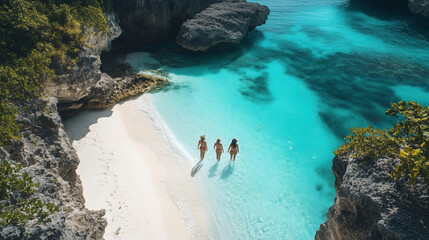 friends exploring a tropical island with turquoise water and white sand beaches