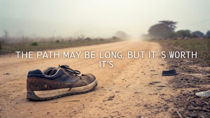 Worn Shoe on Desolate Road with Inspirational Quote on Journey
