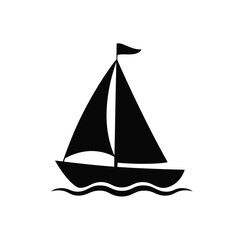 Simple Black Silhouette of a Sailboat on Water Isolated on White