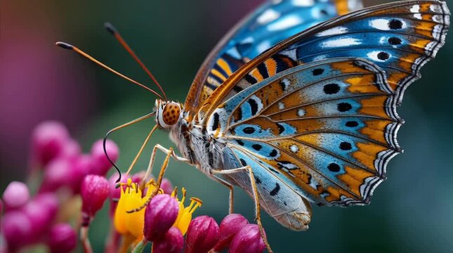 A zoomed-in image using a macro lens shows a butterfly drinking nectar from a flower.