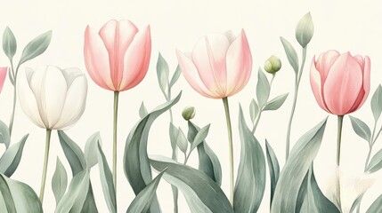 Obraz premium Watercolor Pink and White Tulips Floral Print, Botanical Illustration, Spring Flowers Botanical art, flower illustration