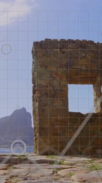Ancient stone ruins with data graphs and charts animation overlay