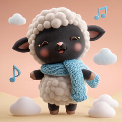 Adorable baby sheep character IP, distinctive black face, fluffy white curly wool, big round head, sparkling star-shaped eyes, pink blush cheeks, tiny open paws, wearing a soft blue knitted scarf, pas