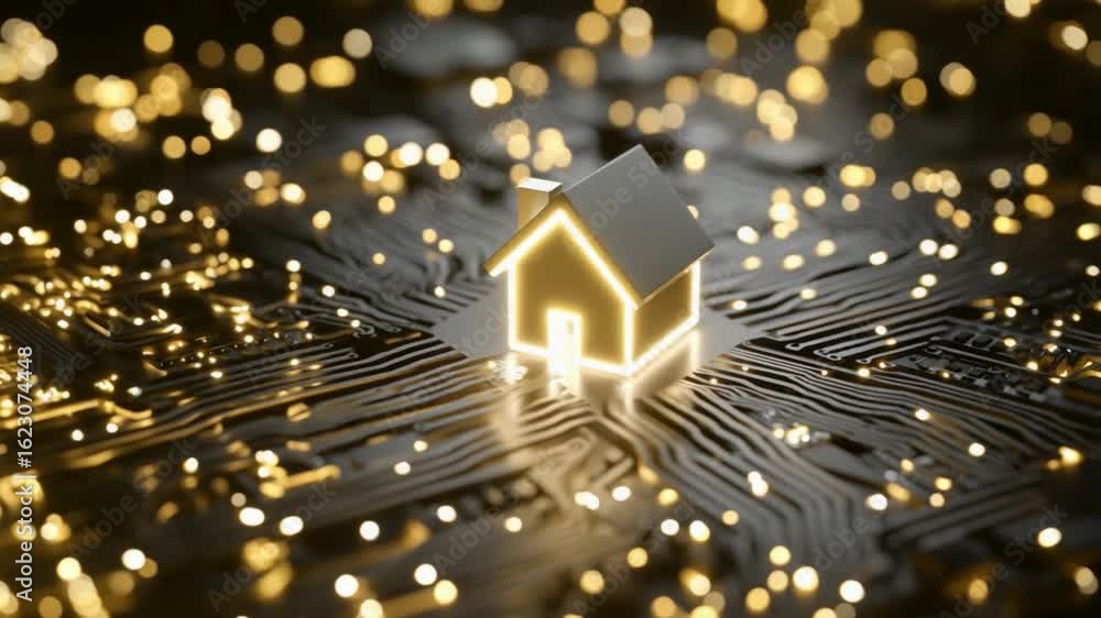Poster digital home concept: a glowing house symbol nestled within an intricate circuit board, representing