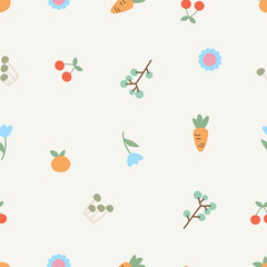 Seamless pattern for seasonal summer featuring flowers, cherries, carrot, orange, and mushroom, designed in a playful vector style. Ideal for wallpaper, wrapping paper, fabric prints, and holiday them