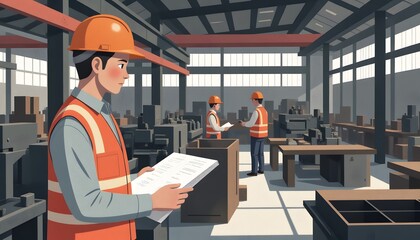 Construction Workers Inspecting Documents in Industrial Warehouse Setting
