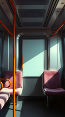 Interior of a modern subway train carriage with seats and handrails.