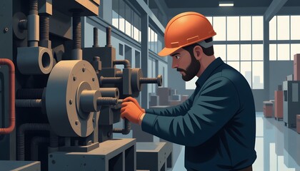 Skilled Worker Adjusting Machinery in Modern Industrial Workshop Environment