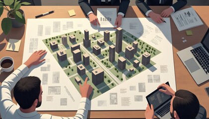 Urban Development Planning Meeting with Architectural Models and Blueprints on Table