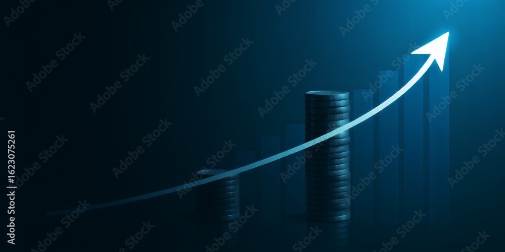 Poster a stack of coins and a rising arrow representing growth on a dark blue gradient background
