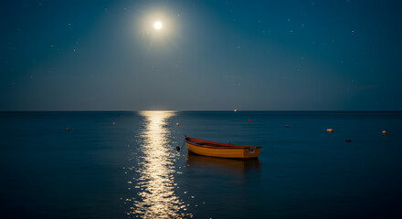 Naklejka premium Tranquil night scene featuring a small boat bathed in the glow of a full moon and stars