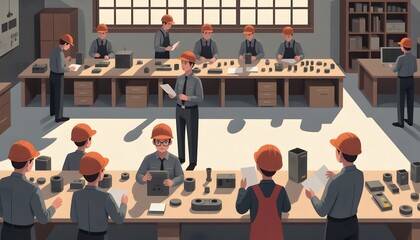 Team of Workers Collaborating on Manufacturing Process in Industrial Workshop
