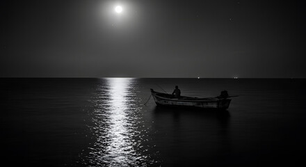 Solitary fisherman under the moonlight: A serene monochrome seascape reflecting tranquility and