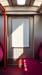 Interior of a modern subway train carriage with seats and handrails.