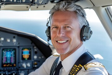 Pilot in cockpit wearing uniform and headset, smiling confidently while operating aircraft controls during commercial flight. High-resolution business travel concept.