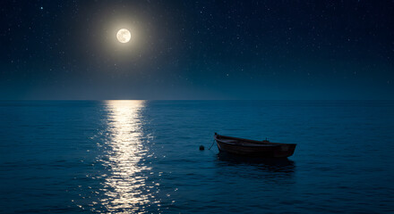 Serene nightscape featuring a boat under a full moon with starry background
