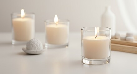 Serene Glow of Three Lit White Candles in a Bright, Minimalist Spa Setting