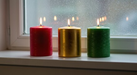 Three lit candles sit on a windowsill The candles are red gold and green The window behind them is textured