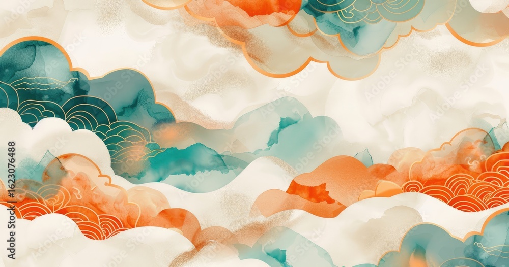 Poster abstract waves of colorful clouds blending orange and teal against a soft background.