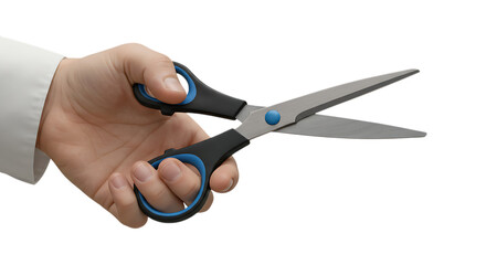 A human hand holding open a pair of scissors with black and blue handles isolated on white background