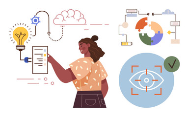 Woman interacting with diagrams, light bulb, cloud, flowchart, and eye focus graphics. Ideal for innovation, problem-solving, technology, creativity strategy data analysis and decision-making