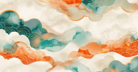Abstract waves of colorful clouds blending orange and teal against a soft background.