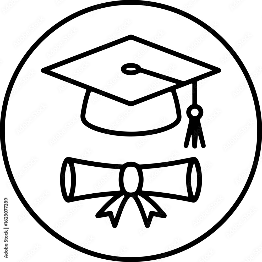 Poster simple line art icon of a graduation cap and diploma scroll inside a circle