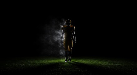 Isolated Football Player on Field with Spotlight Effect, Dramatic American Football Image in Yellow and Black