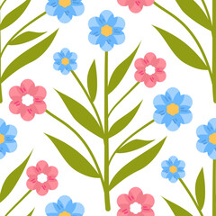 Seamless Floral Pattern with Pink and Blue Flowers