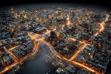 Cyberpunk megacity architectural plans layered 3D schematics with augmented reality annotations glowing gridlines on dark backgrounds